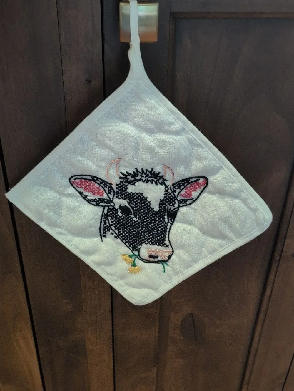 Vintage Handmade Cow Cross-stitch Quilted Square Potholder